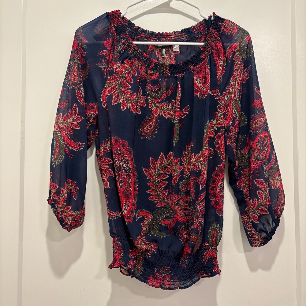 Daisy Fuentes Navy Red Paisley Smocked Off Shoulder‎ Chiffon Blouse XS
